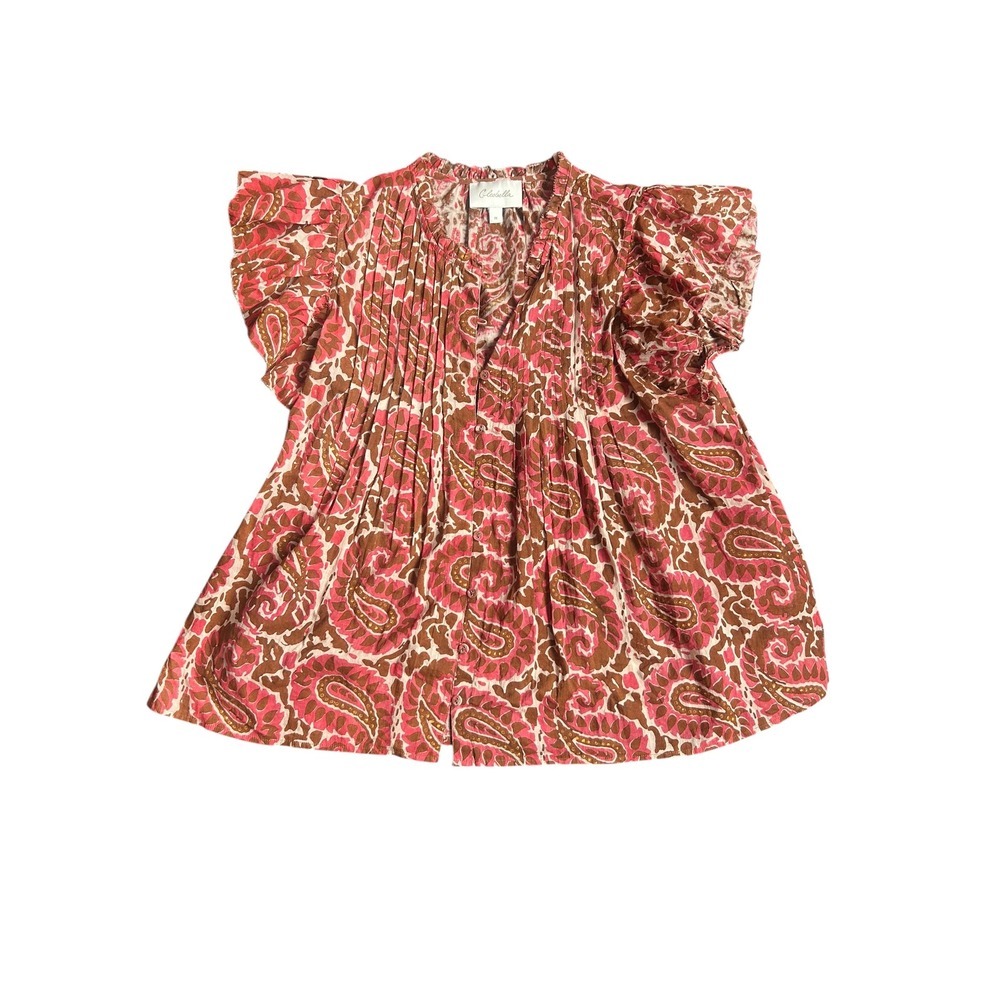 Cleobella Calla Blouse Aurora Pink Brown Flutter Sleeve Blouse Womens M - Picture 3 of 7